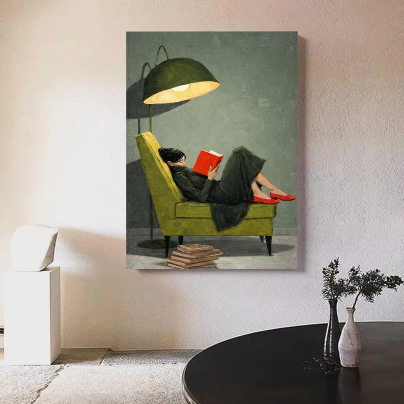 Cozy Reading Moment Canvas, Woman on Green Chair Art, Red Shoes Wall Decor, Buchliebhaber - Book Lover Art, Oversized Statement Piece