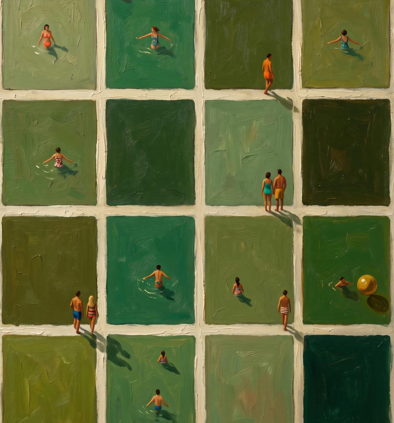 Vintage Moody Green Grid Swimmers Print – Dark Pool Wall Art, Retro Summer Poster, Abstract Aerial Ocean Painting, Coastal Oil Painting