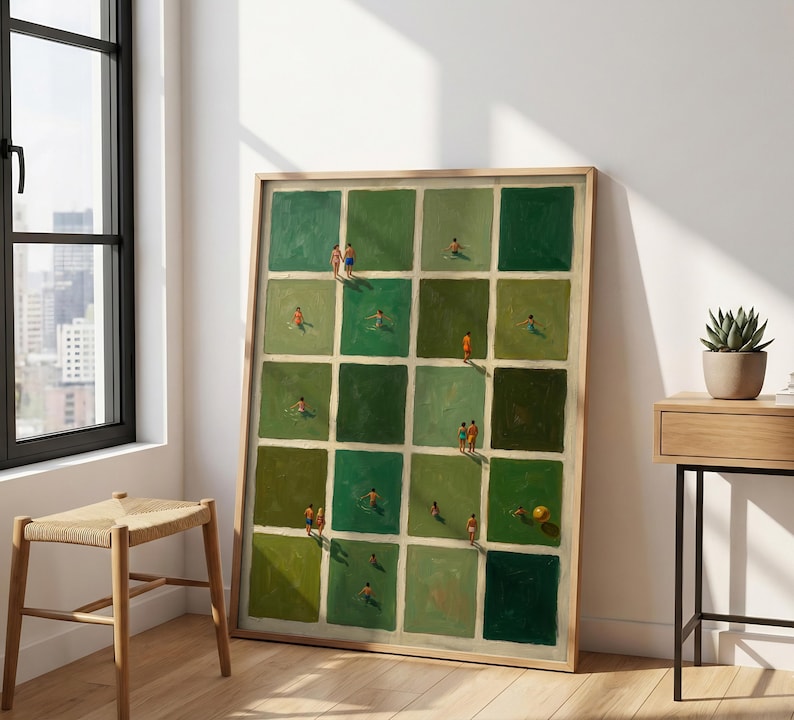 Vintage Moody Green Grid Swimmers Print – Dark Pool Wall Art, Retro Summer Poster, Abstract Aerial Ocean Painting, Coastal Oil Painting