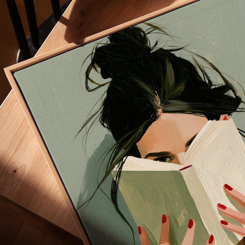 Woman Reading Print, Sage Green Wall Art, Book Lover Decor, Reading Nook Art, Minimalist Portrait, Cozy Modern Decor, Bookish Wall Art