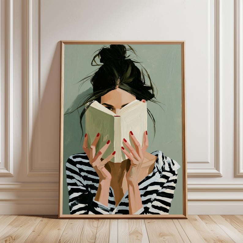 Woman Reading Print, Sage Green Wall Art, Book Lover Decor, Reading Nook Art, Minimalist Portrait, Cozy Modern Decor, Bookish Wall Art