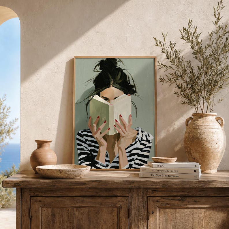 Woman Reading Print, Sage Green Wall Art, Book Lover Decor, Reading Nook Art, Minimalist Portrait, Cozy Modern Decor, Bookish Wall Art