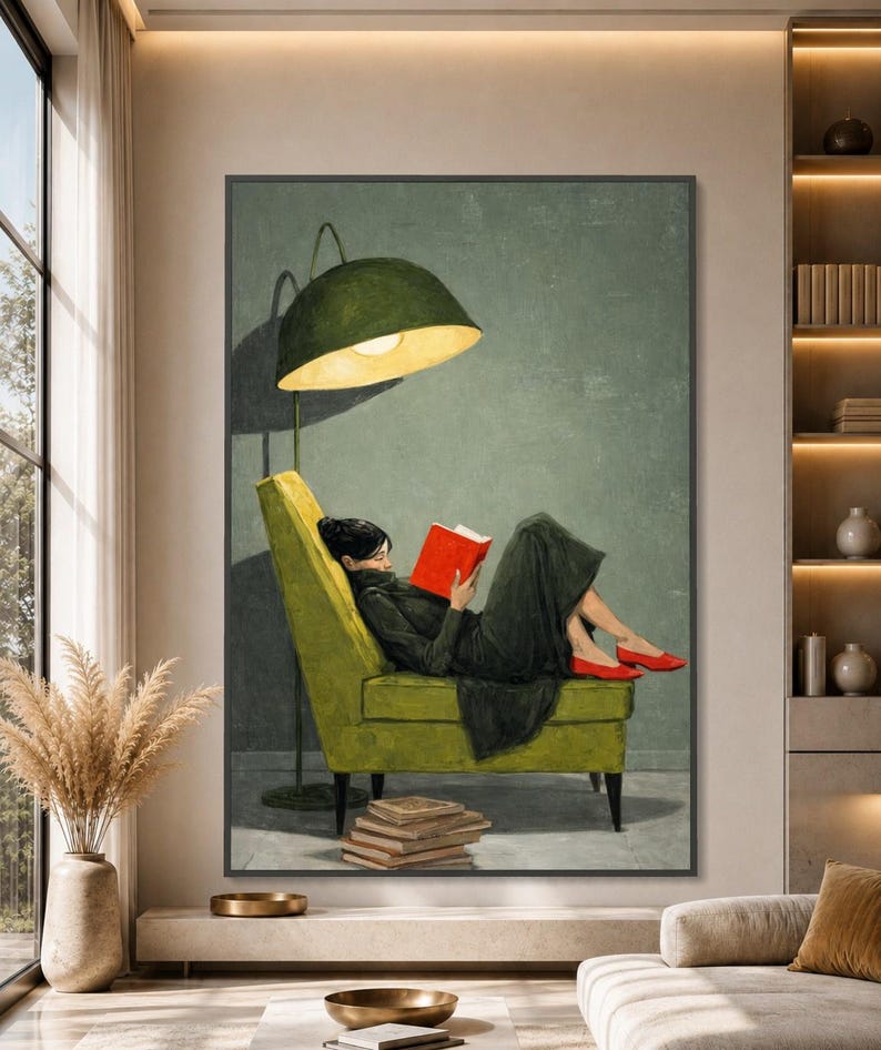 Cozy Reading Moment Canvas, Woman on Green Chair Art, Red Shoes Wall Decor, Buchliebhaber - Book Lover Art, Oversized Statement Piece