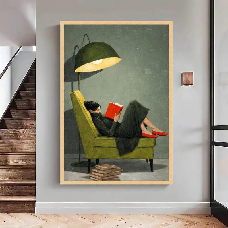 Cozy Reading Moment Canvas, Woman on Green Chair Art, Red Shoes Wall Decor, Buchliebhaber - Book Lover Art, Oversized Statement Piece