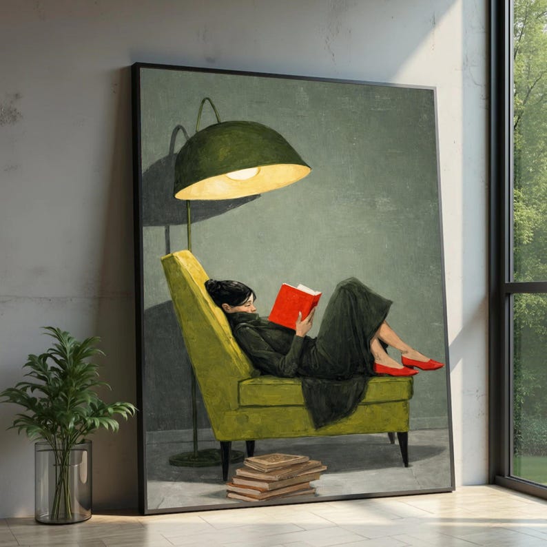 Cozy Reading Moment Canvas, Woman on Green Chair Art, Red Shoes Wall Decor, Buchliebhaber - Book Lover Art, Oversized Statement Piece