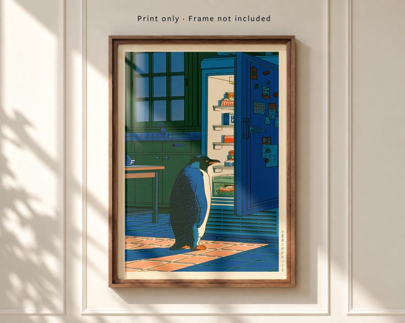 Japanese Penguin Poster, Penguin Fridge Print, Funny Kitchen Wall Art, Hasui Kawase Art, Hiroaki Takahashi Style, Shin-Hanga Wall Art