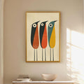 Modern Mid Century Tall Birds Wall Art, Retro Folk Print Minimalist, Canvas or Print