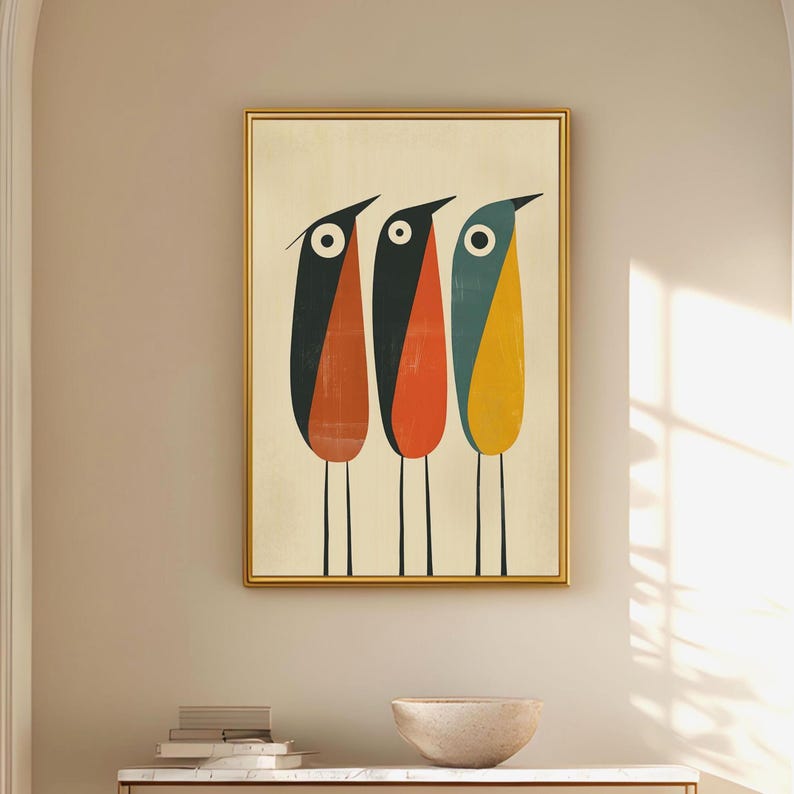 Modern Mid Century Tall Birds Wall Art, Retro Folk Print Minimalist, Canvas or Print